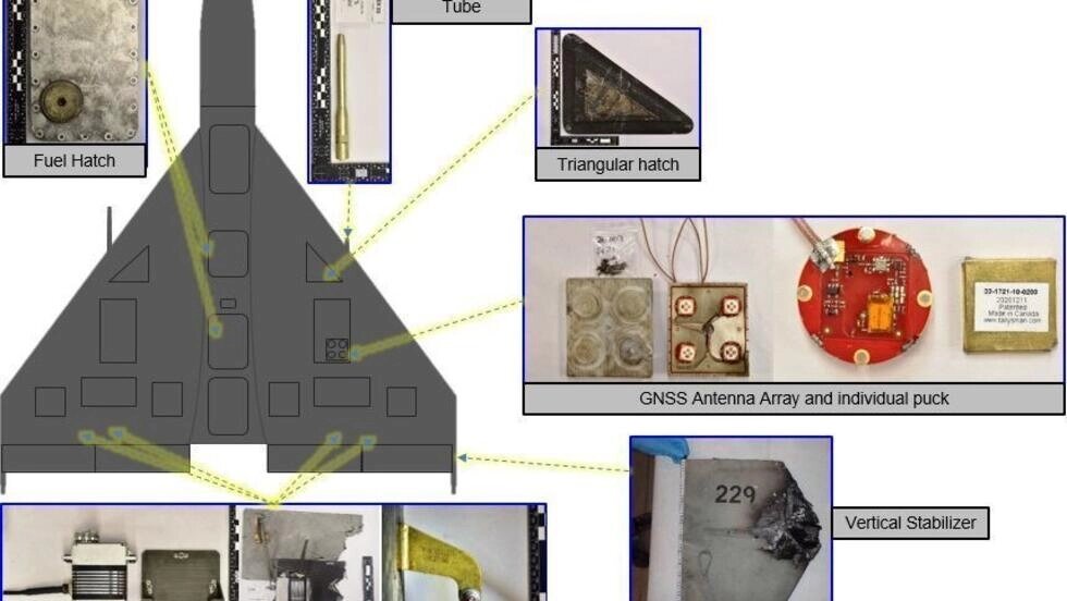 The US Defense Department used components found at the scene to identify the drone used in a November 2022 attack on a tanker as an Iranian Shahed-136 as shown in this handout photo from the department. DVIDS/AFP
