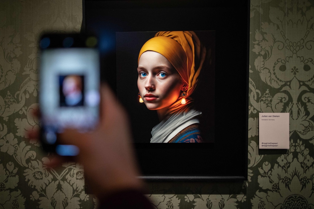 A visitor takes a picture with his mobile phone of an image designed with artificial intelligence by Berlin-based digital creator Julian van Dieken (C) inspired by Johannes Vermeer's painting 
