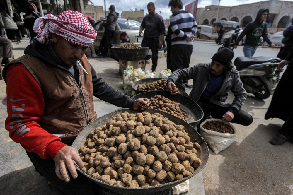 In this file photo merchants present their desert truffles at a market in the city of Hama in west-central Syria on March 6, 2023. - Suspected Islamic State group militants killed three truffle hunters and kidnapped at least 26 others in northern Syria on March 11, the Syrian Observatory for Human Rights said, in the latest grisly incident during this year's harvest. (Photo by LOUAI BESHARA / AFP)