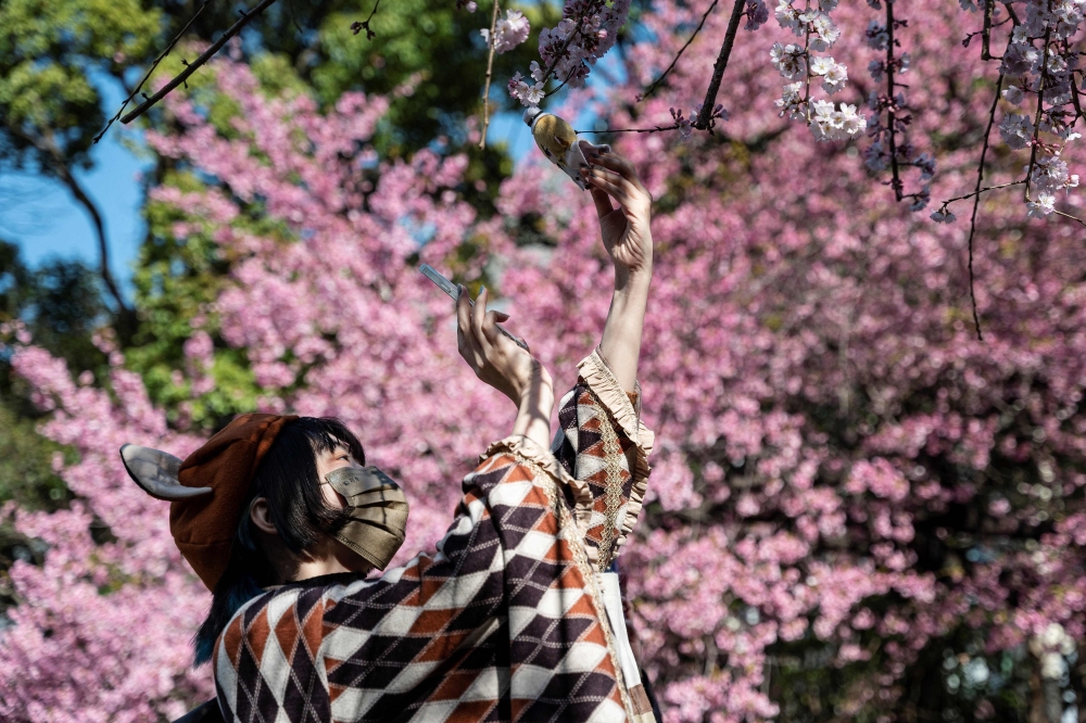 A young woman takes a photo of a doll as people come out to Ueno Park to see the early cherry blossoms in Tokyo on March 14, 2023. Photo by Richard A. Brooks / AFP