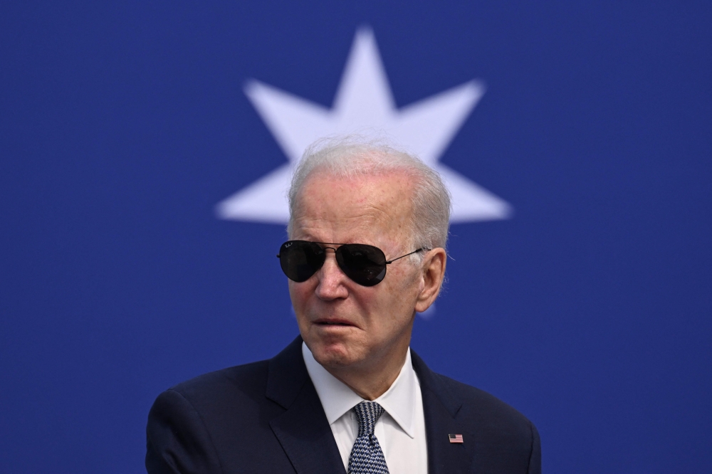 US President Joe Biden speaks at a press conference with British Prime Minister Rishi Sunak and Australian Prime Minister Anthony Albanese (out of frame) during the AUKUS summit on March 13, 2023, at Naval Base Point Loma in San Diego California. (Photo by Jim Watson / AFP)