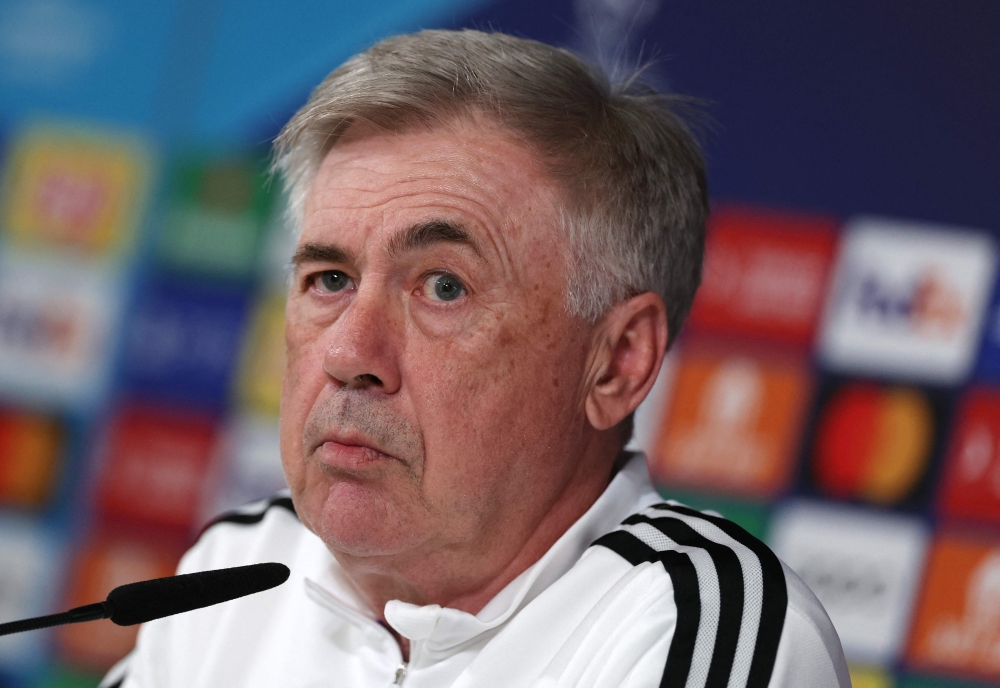 Real Madrid's Italian coach Carlo Ancelotti holds a press conference at the Ciudad Real Madrid training complex in Valdebebas, outskirts of Madrid on March 14, 2023, on the eve of the UEFA Champions League last 16 second leg football match between Real Madrid CF and Liverpool FC. Photo by PIERRE-PHILIPPE MARCOU / AFP