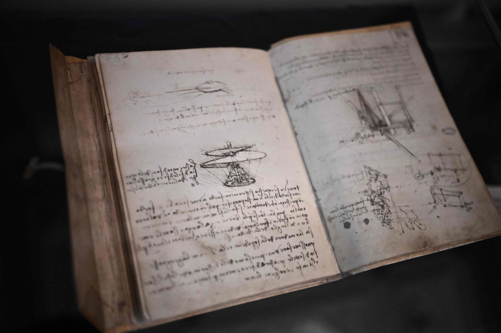 An image of Leonardo da Vinci's, 'Manuscripts of the Institut de France' pictured in Villa La Loggia in Florence, on March 14, 2023. (Photo by MARCO BERTORELLO / AFP)