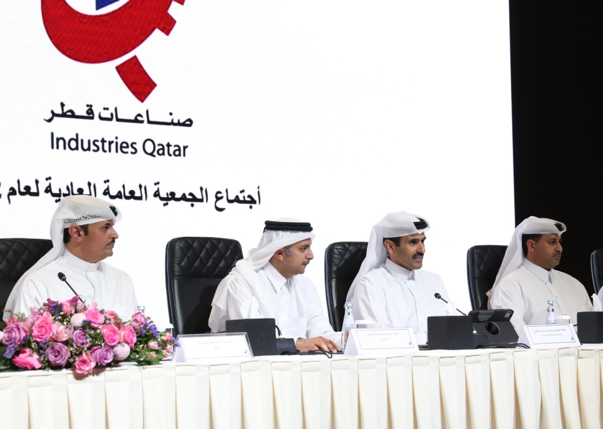 The Minister of State for Energy Affairs, the Group Chairman and Managing Director H E Saad bin Sherida Al Kaabi (second right) and other officials during the AGM of Industries Qatar held at the Sheraton Grand Doha Resort & Convention Hotel yesterday.   