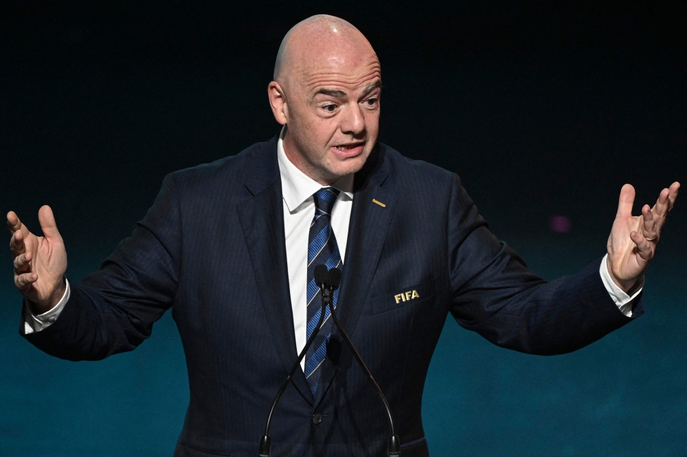 In this file photo taken on October 22, 2022 FIFA president Gianni Infantino delivers a speech during the football draw ceremony for the Australia and New Zealand 2023 FIFA Women's World Cup at the Aotea Centre in Auckland. (Photo by William West / AFP)
 