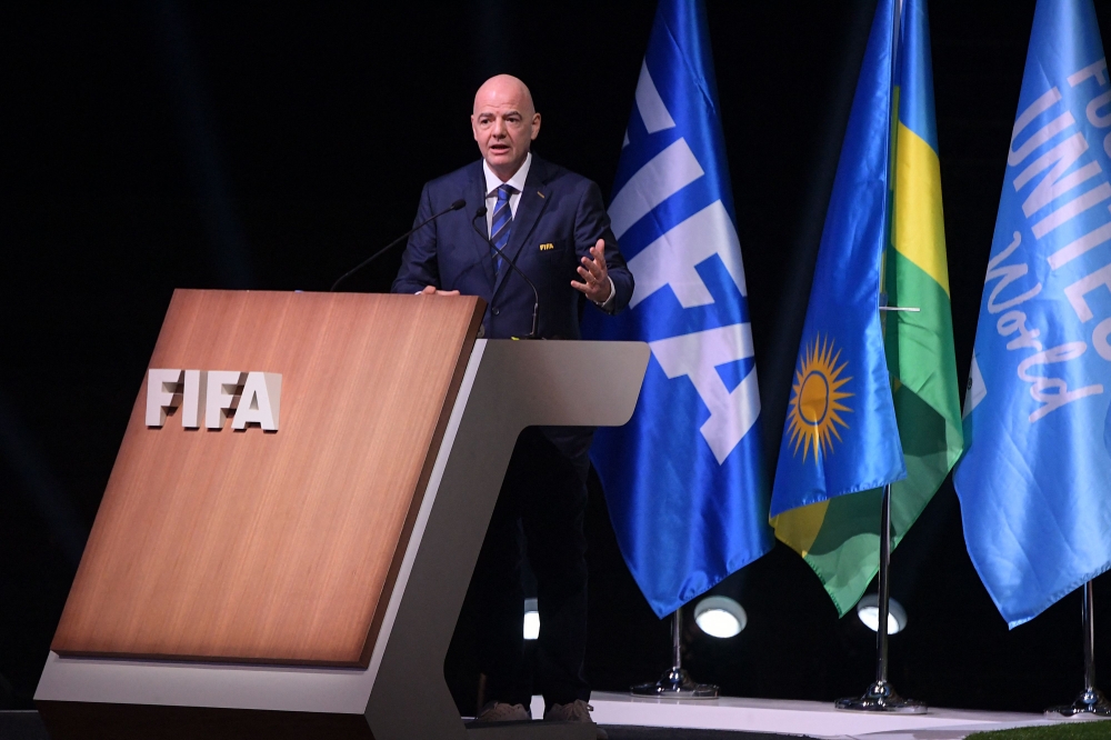 FIFA President Gianni Infantino speaks after his reelection during the 73rd FIFA Congress in Kigali, Rwanda, on March 16, 2023. (Photo by Simon MAINA / AFP)