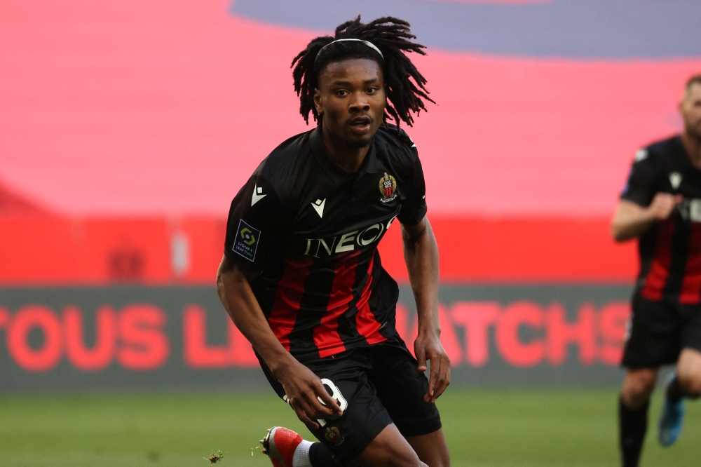 In this file photo taken on March 20, 2021, Nice's French midfielder Khephren Thuram celebrates after scoring a goal during the French L1 football match between OGC Nice and Olympique de Marseille (OM) at 
