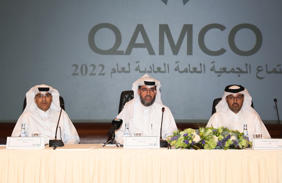 The Chairman of QAMCO Abdulrahman Ahmad Al Shaibi (centre), with Vice Chairman Ahmad Saeed Al  Amoodi (left) and board member Nabeel Mohammed Al Buenain (right), during the AGM at the Sheraton Grand Doha Resort and Convention Hotel yesterday. PIC: Salim Matramkot/The Peninsula