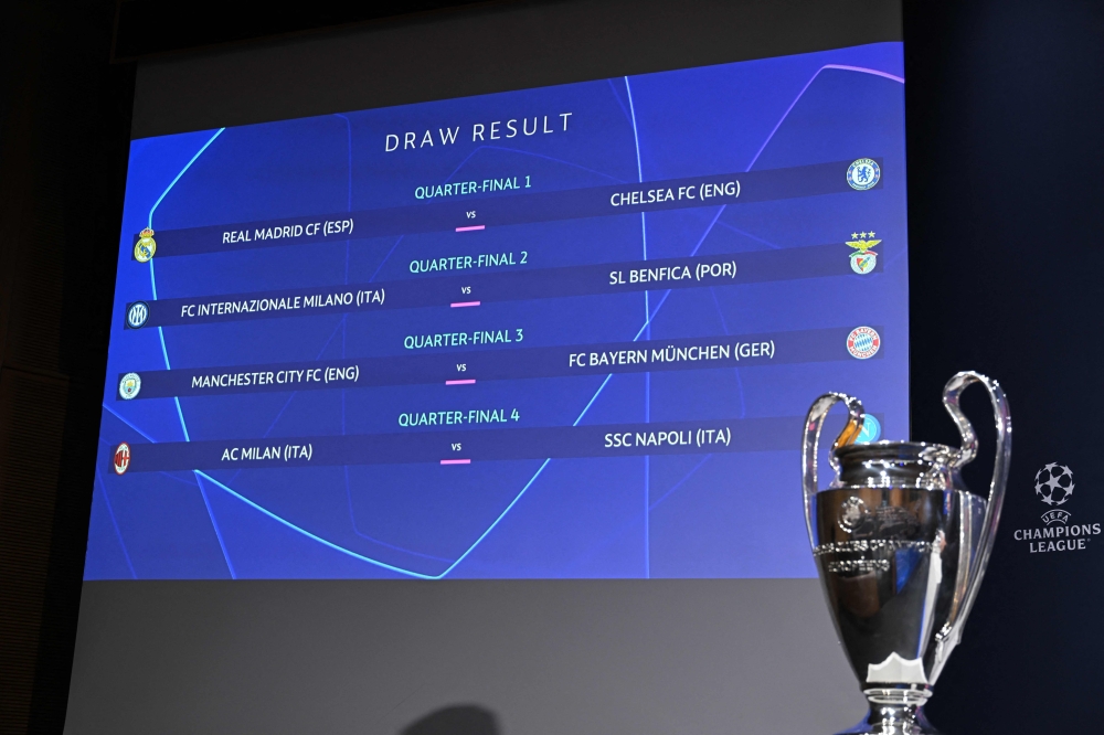 This photograph shows the draw result for the quarter-final of the 2022-2023 UEFA Champions League football tournament, in Nyon, on March 17, 2023. (Photo by Fabrice COFFRINI / AFP)