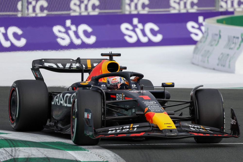 Red Bull Racing's Dutch driver Max Verstappen drives during the third practice session ahead of the 2023 Saudi Arabia Formula One Grand Prix at the Jeddah Corniche Circuit in Jeddah on March 18, 2023. (Photo by Giuseppe CACACE / AFP)