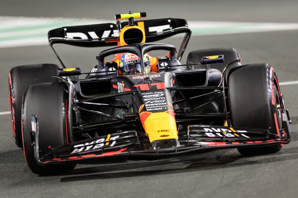 Red Bull Racing's Mexican driver Sergio Perez competes during the qualifying session of the Saudi Arabia Formula One Grand Prix at the Jeddah Corniche Circuit in Jeddah on March 18, 2023. (Photo by Giuseppe CACACE / AFP)