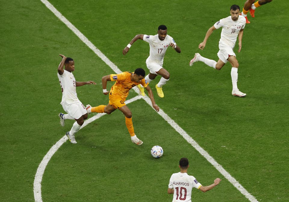 Netherlands' Cody Gakpo scores their first goal during the FIFA World Cup Qatar 2022 Group A match against Qatar at the Al Bayt Stadium, Al Khor, Qatar, on November 29, 2022. REUTERS/Albert Gea

