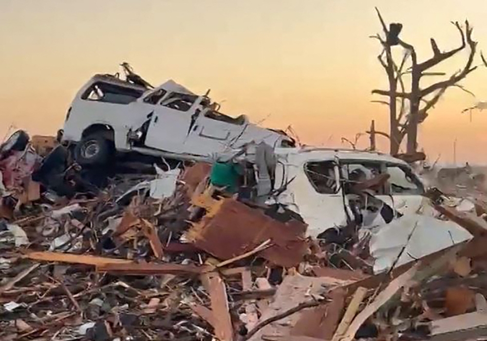 This March 25, 2023 still image taken from a video by storm-chaser Lloyd Bridges and posted in the Eurovision News Wire, shows tornado damage in Rolling Fork, Mississippi. (Photo by Lloyd Bridges / Eurovision News Wire / AFP)