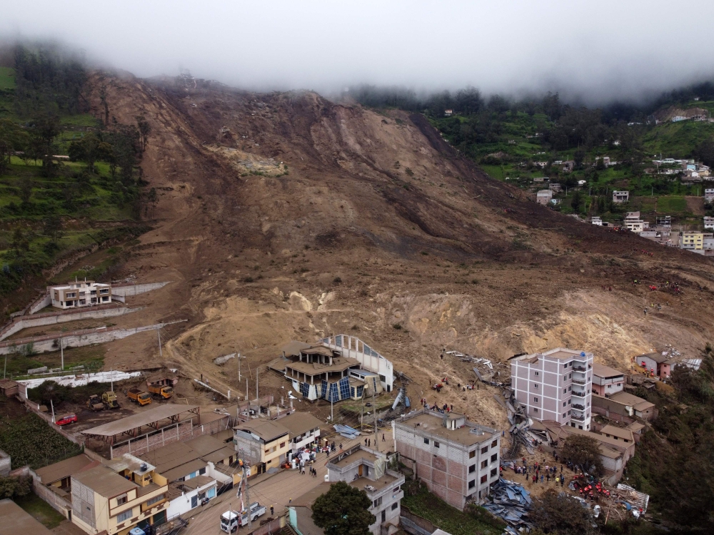 Aerial view following a landslide in Alausi, Ecuador on March 27, 2023. Photo by Marcos PIN / AFP