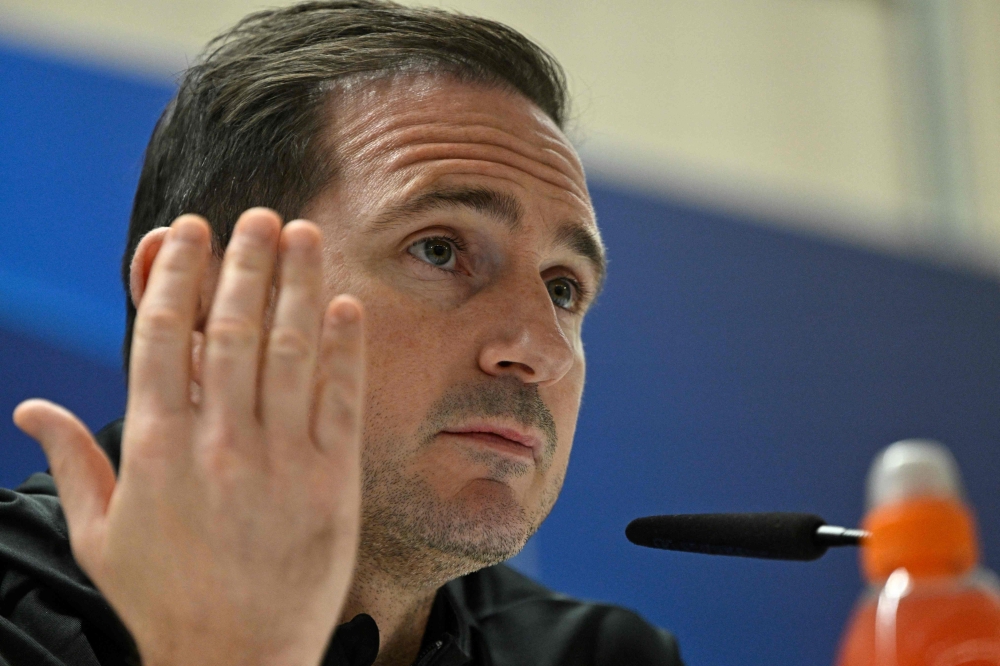 Chelsea's English coach Frank Lampard gives a press conference at the Santiago Bernabeu stadium in Madrid on April 11, 2023 on the eve of their Champions' League quarter-final football match against Real Madrid CF. (Photo by JAVIER SORIANO / AFP)