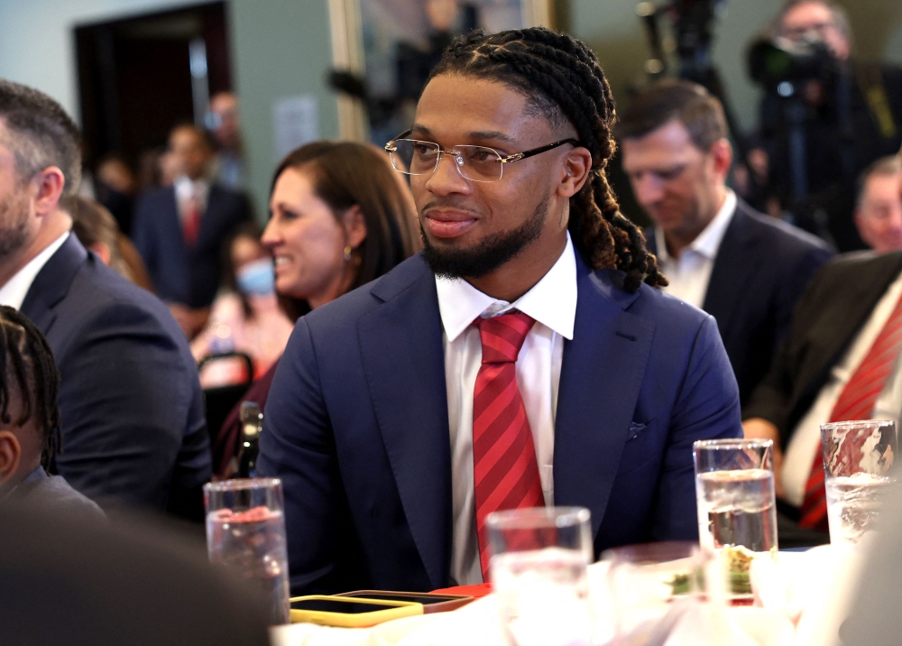 (FILES) In this file photo taken on March 28, 2023, Buffalo Bills safety Damar Hamlin attends an event with lawmakers to introduce the Access to AEDs Act, in Washington, DC. (Photo by Kevin Dietsch / GETTY IMAGES NORTH AMERICA / AFP)

