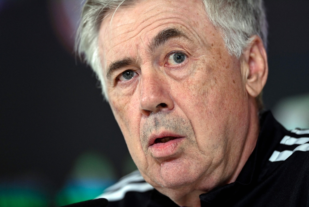 Real Madrid's Italian coach Carlo Ancelotti addresses a press conference following a training session at the Ciudad Real Madrid training complex in Valdebebas, outskirts of Madrid, on April 7, 2023. Photo by OSCAR DEL POZO / AFP


