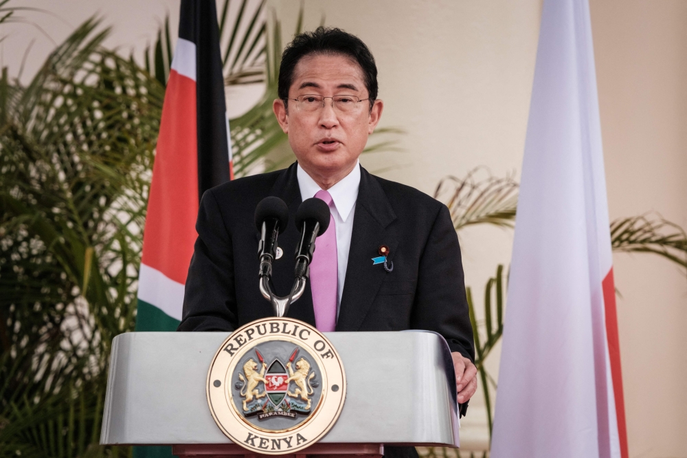 Japan's Prime Minister Fumio Kishida speaks during a press conference with Kenya's President William Ruto (not seen) after their meeting at the Statehouse in Nairobi on May 3, 2023. (Photo by Yasuyoshi Chiba / AFP)