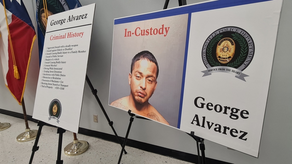 The picture of 34-year-old George Alvarez, the driver, that killed eight people and injured at least 10 when he plowed into the crowd early Sunday, is displayed by the Brownsville Police Department at a news conference in Brownsville, Texas, on May 8, 2023. (AFP)