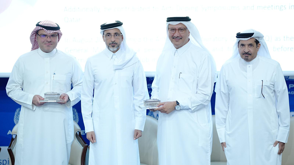 Minister of Sports and Youth H E Salah bin Ghanim Al Ali (second left) and other officials during the Anti Doping Symposium Qatar. 