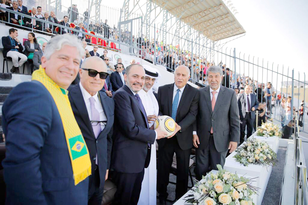 Qatar Football Association President Sheikh Hamad bin Khalifa bin Ahmed Al Thani with Palestinian Minister of Sports and President of Palestinian Football Association Lieutenant General H E Jibril Rajoub and other officials at the inauguration of the Pele Stadium in Bethlehem.