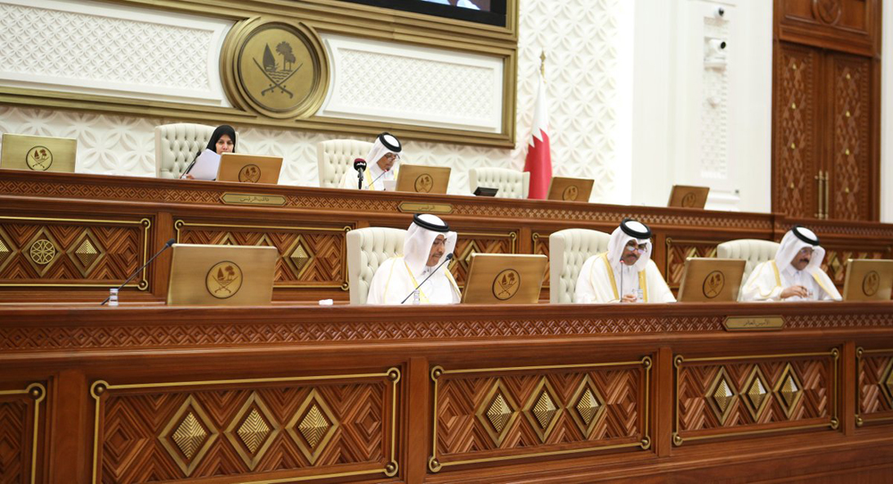 Speaker of the Shura Council H E Hassan bin Abdullah Al Ghanim (top right) and members of the council during the regular weekly meeting, held at Tamim bin Hamad Hall.
