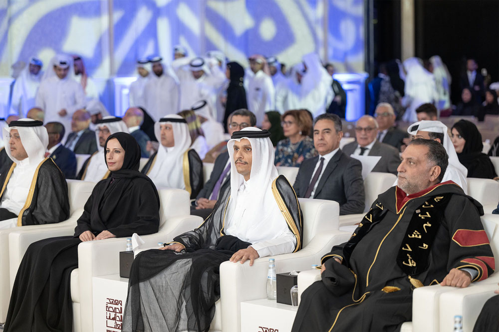 Prime Minister and Minister of Foreign Affairs H E Sheikh Mohammed bin Abdulrahman bin Jassim Al Thani (2nd right), Minister of Education and Higher Education H E Buthaina bint Ali Al Jabr Al Nuaimi (3rd right), Minister of Communications and Information Technology H E Mohammed bin Ali Al Mannai (4th right), DI’s Chair of the Board of Trustees Dr. Azmi Bishara (1st right) and other dignitaries at the graduation ceremony yesterday.