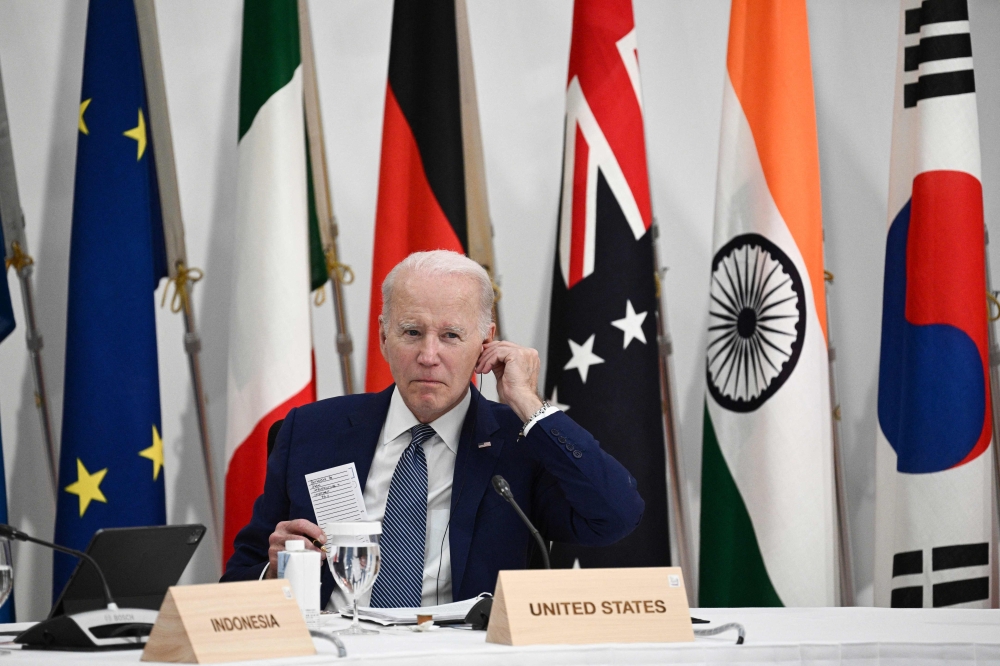 US President Joe Biden takes part in a Partnership for Global Infrastructure and Investment event during the G7 Leaders' Summit in Hiroshima on May 20, 2023. (Photo by Brendan Smialowski / AFP)