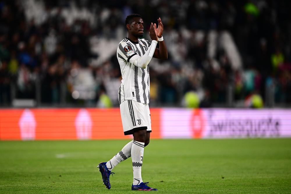 Juventus' French midfielder Paul Pogba acknowledges the public at the end of the UEFA Europa League semi-final first leg football match between Juventus and Sevilla on May 11, 2023 at the Juventus stadium in Turin. (Photo by Marco BERTORELLO / AFP)