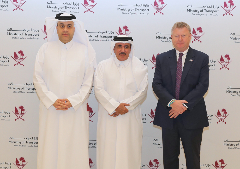 Minister of Transport H E Jassim Saif Ahmed Al Sulaiti with Mwani Qatar’s CEO Capt Abdulla Mohamed Al Khanji (left) and GCEO of QTerminals Neville Bissett (right). 