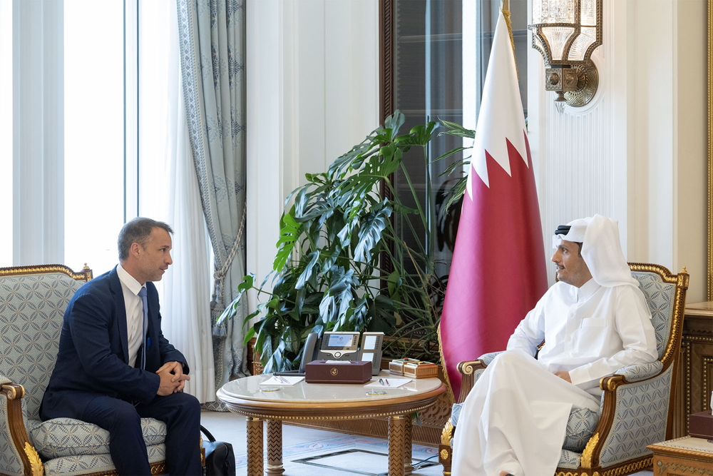 Prime Minister and Minister of Foreign Affairs H E Sheikh Mohammed bin Abdulrahman bin Jassim Al Thani during his meeting with President of the France-Qatar Friendship Group in the French National Assembly H E MP Christophe Naegelen.
