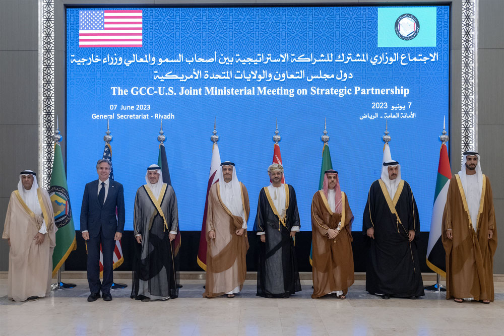 Prime Minister and Minister of Foreign Affairs H E Sheikh Mohammed bin Abdulrahman bin Jassim Al Thani with  US Secretary of State Antony Blinken and Their Highnesses and Excellencies the Foreign Ministers of the GCC countries during the meeting.