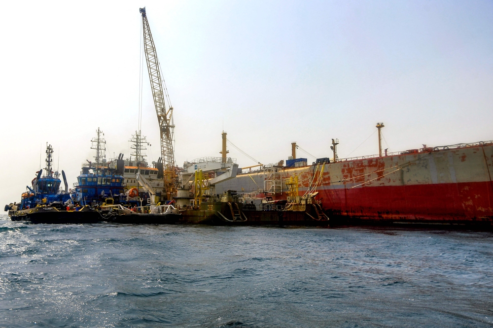 The beleaguered Yemen-flagged FSO Safer oil tanker is pictured in the Red Sea off the coast of Yemen's contested western province of Hodeida on June 12, 2023. (Photo by Mohammed Huwais / AFP)