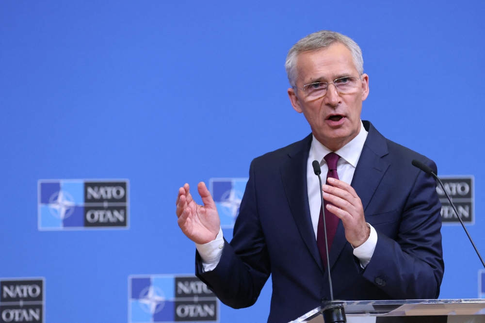 NATO Secretary General Jens Stoltenberg addresses media representatives at a press conference at NATO Headquarters in Brussels on July 6, 2023, following a meeting between the foreign ministers of Turkey and Sweden. (Photo by Francois Walschaerts / AFP)