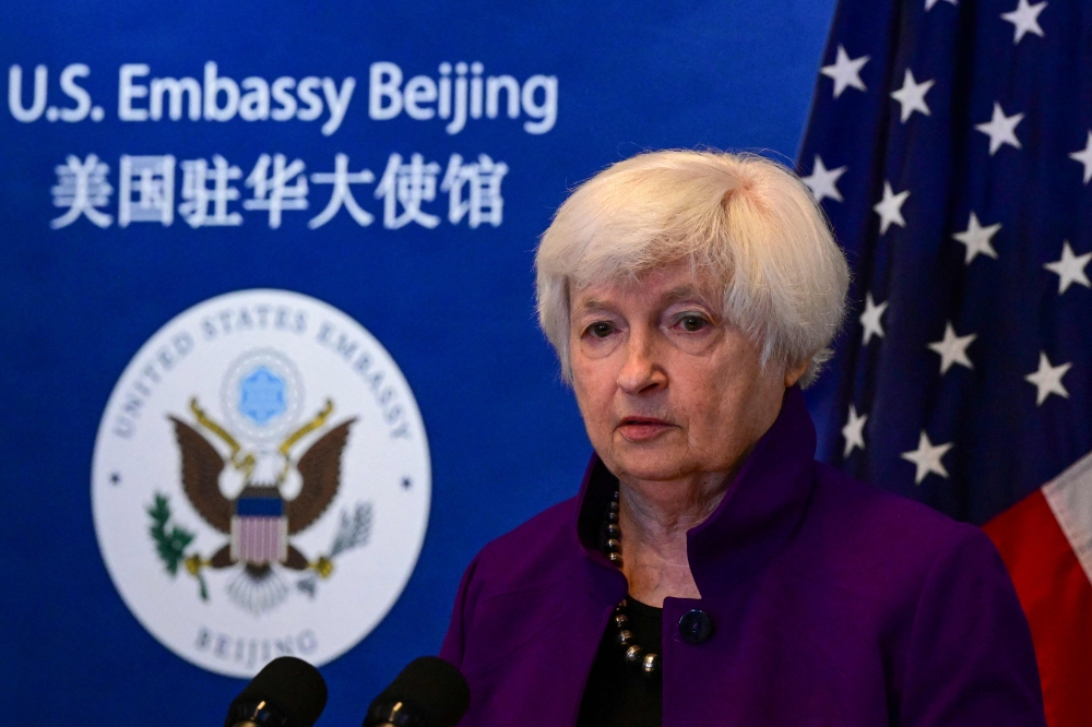 US Treasury Secretary Janet Yellen speaks during a press conference at the Beijing American Center of the US Embassy in Beijing on July 9, 2023. (Photo by Pedro PARDO / AFP)
