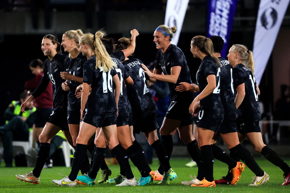 New Zealand players celebrate a goal during the women's international friendly football match between New Zealand and Vietnam ahead of the Women's World Cup 2023 football tournament, in Napier on July 10, 2023. Photo by Dave LINTOTT / AFP