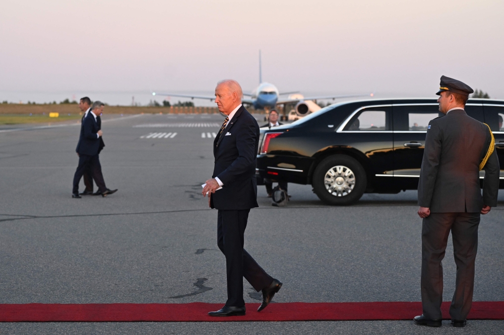 US President Joe Biden arrives at the Helsinki-Vantaan International airport in Helsinki, Finland, on July 12, 2023, prior to the US-Nordic Summit. (Photo by Andrew Caballero-Reynolds / AFP)