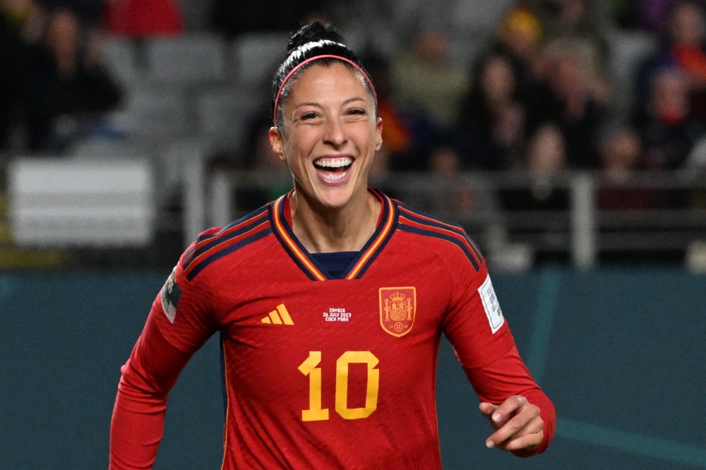 Spain's midfielder #10 Jennifer Hermoso celebrates scoring her team's second goal during the Australia and New Zealand 2023 Women's World Cup Group C football match. (Photo by Saeed KHAN / AFP)