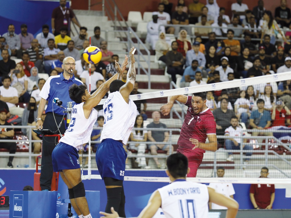 Qatar's Oughlaf Youssef scores a point against Thailand during the quarter-final of the 2023 Volleyball Challenger Cup, at the Aspire Ladies Sports Hall, yesterday. Pic: Salim Matramkot/The Peninsula 