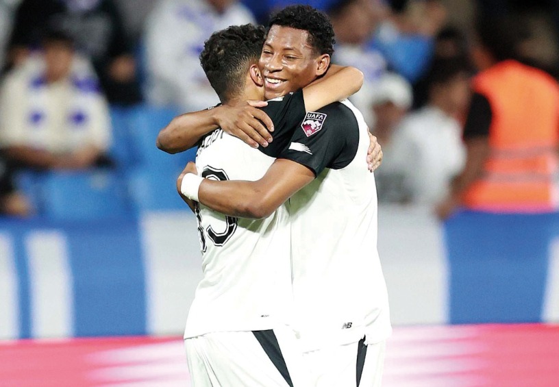 Al Sadd's Gonzalo Plata is congratulated by a teammate after the Ecuadorian scored the winning goal.