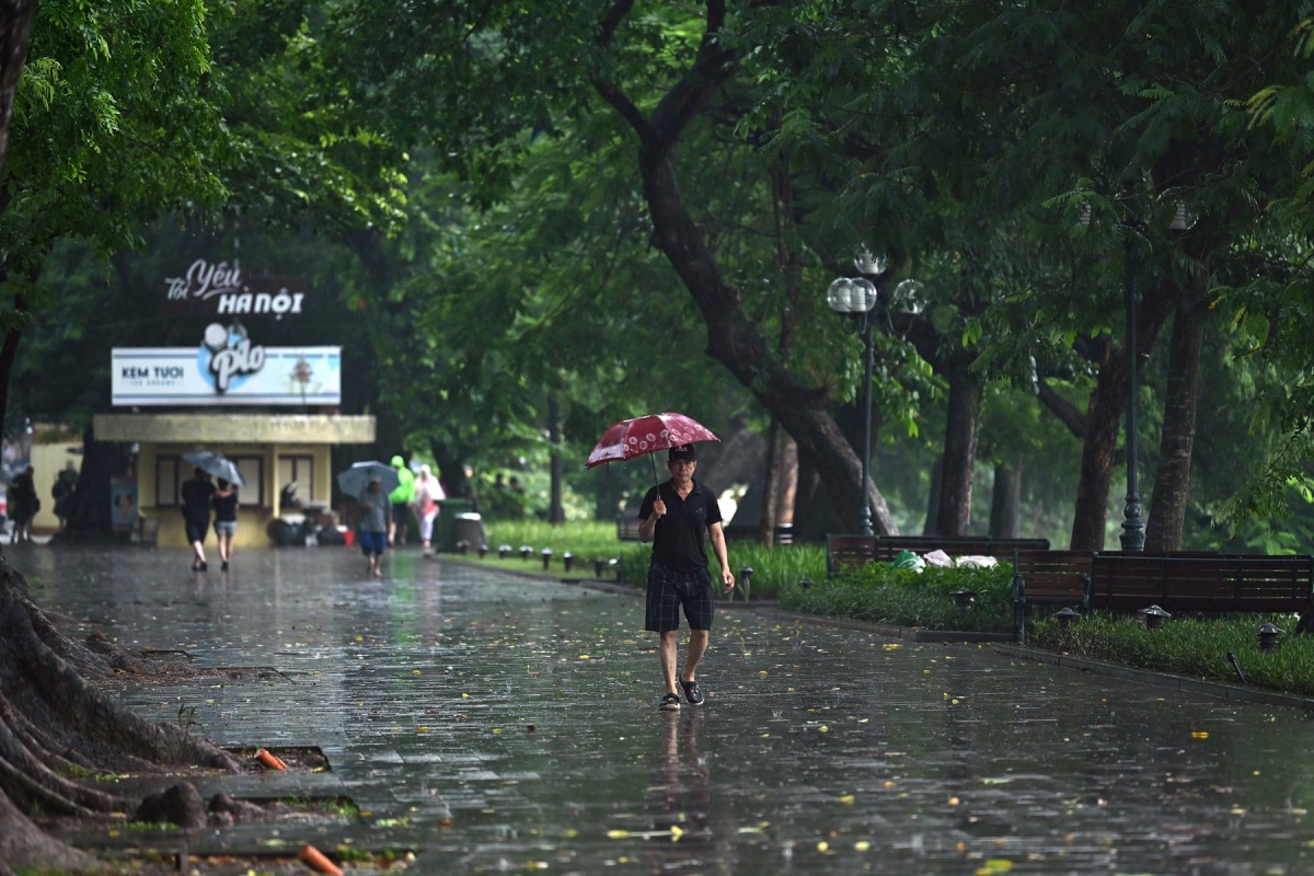 A man walks with an umbrella during rainfall in Hanoi on August 4, 2023. Photo by Nhac NGUYEN / AFP