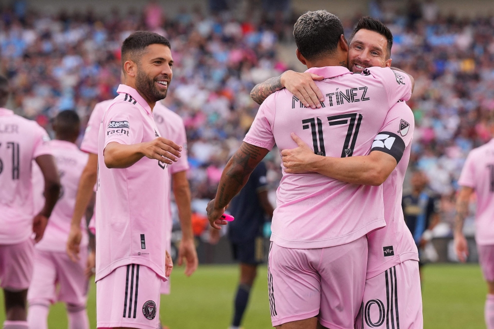 Josef Martinez of Inter Miami CF celebrates his goal with Lionel Messi and Jordi Alba at Subaru Park on August 15, 2023 in Chester, Pennsylvania. Mitchell Leff/Getty Images/AFP 