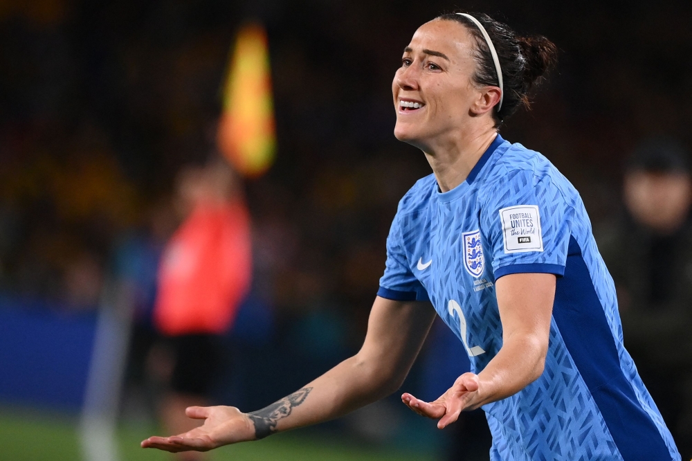 England's defender #02 Lucy Bronze reacts during the Australia and New Zealand 2023 Women's World Cup semi-final football match between Australia and England at Stadium Australia in Sydney on August 16, 2023. Photo by FRANCK FIFE / AFP