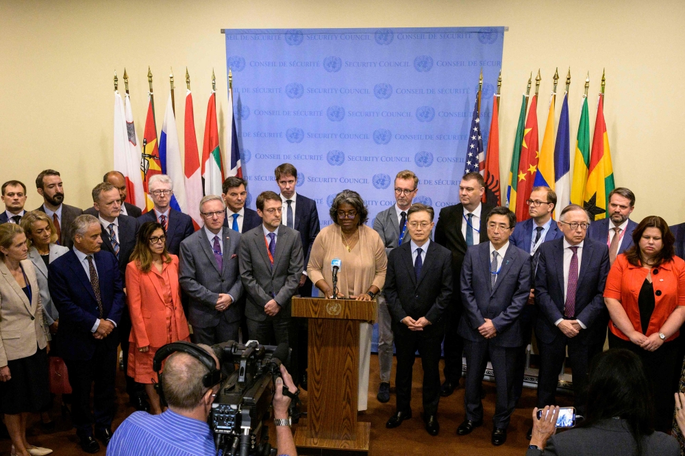 US Ambassador to the UN Linda Thomas-Greenfield speaks to the press after a UN Security Council meeting to discuss the situation in North Korea, at UN headquarters in New York on August 17, 2023. (Photo by Angela Weiss / AFP)