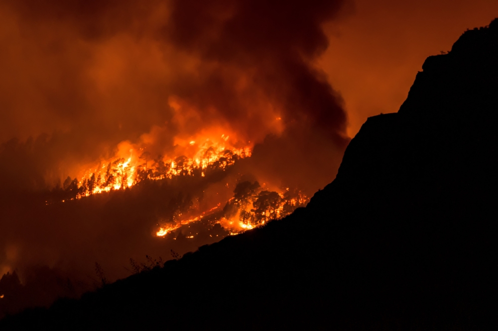 In this picture taken from the village of Sobradillo, late on August 16, 2023 a wildfire rages in a forested area on the Canary island of Tenerife. (Photo by DESIREE MARTIN / AFP)

