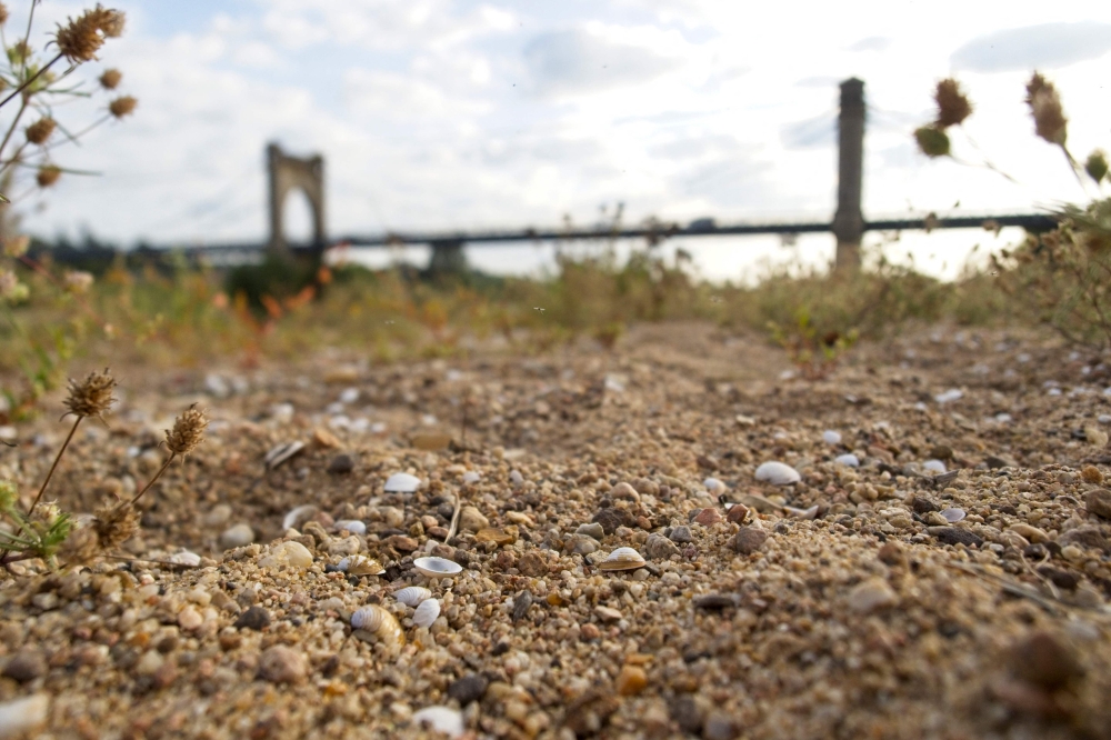 Langeais' bridge is seen from the sand banks of the drought Loire river, central France, on August 22, 2023. (Photo by Guillaume Souvant / AFP)
