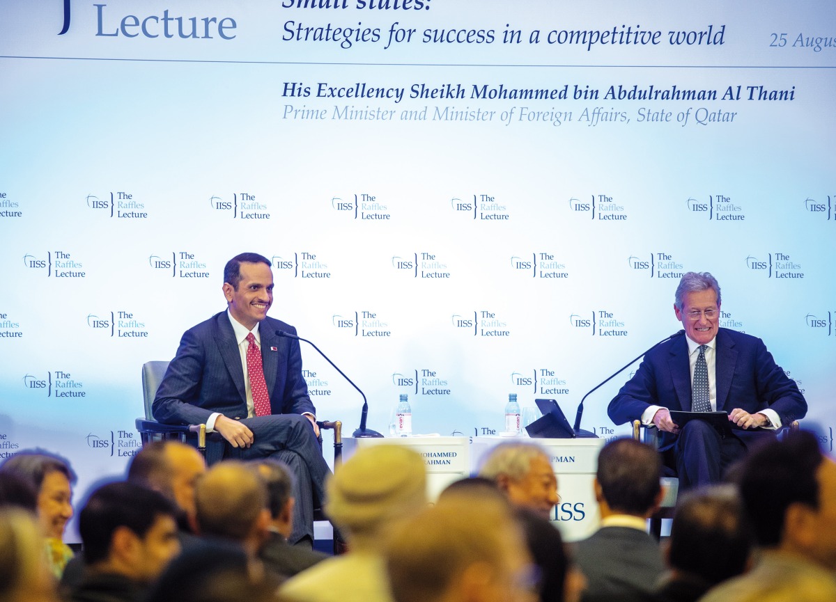 Prime Minister and the Minister of Foreign Affairs H E Sheikh Mohammed bin Abdulrahman bin Jassim Al Thani with Director-General and Chief Executive of the International Institute for Strategic Studies Sir John Chipman during a panel discussion in Singapore.
