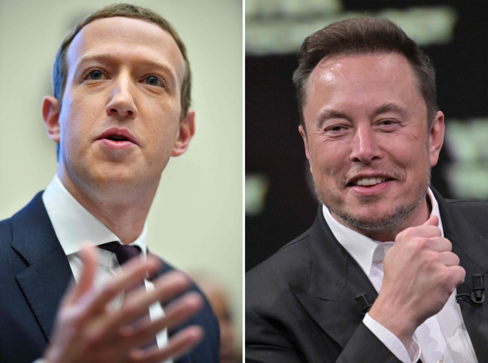 (Combo/Files) SpaceX, X (ex-Twitter) and electric car maker Tesla CEO Elon Musk at the Porte de Versailles exhibition center in Paris on June 16, 2023 (R) and Facebook founder Mark Zuckerberg testifying before the House Financial Services Committee in Washington, DC on October 23, 2019. Photo by Mandel Ngan and Alain Jocard / AFP