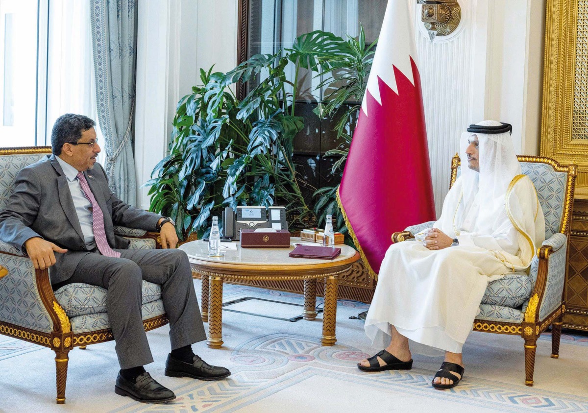 Prime Minister and Minister of Foreign Affairs H E Sheikh Mohammed bin Abdulrahman bin Jassim Al Thani meeting with Minister of Foreign Affairs and Expatriate of the Republic of Yemen H E Dr. Ahmad Awad bin Mubarak at his Amiri Diwan office yesterday.