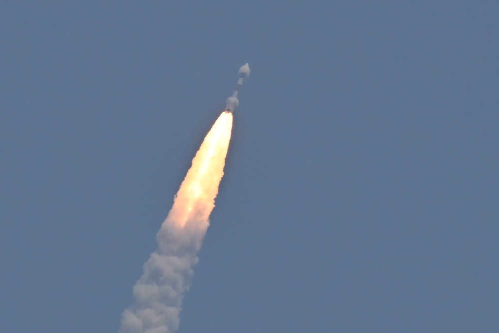 PSLV XL rocket carrying the Aditya-L1 spacecraft, the first space-based Indian observatory to study the Sun, is launched from the Satish Dhawan Space Centre in Sriharikota on September 02, 2023. (Photo by R. Satish Babu / AFP)